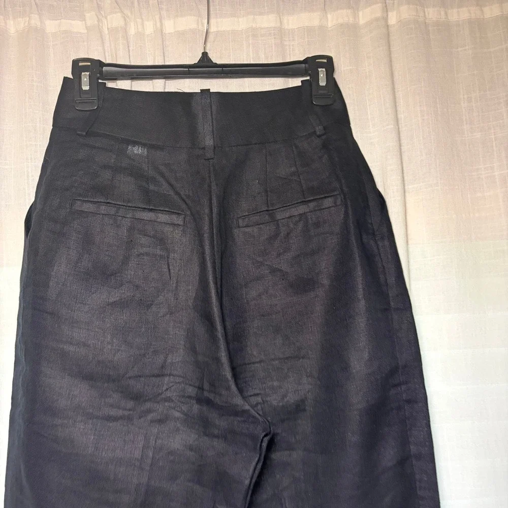 Zara Linen Pants Womens‎ Small Black High Waisted Belted Tapered Trousers Spain